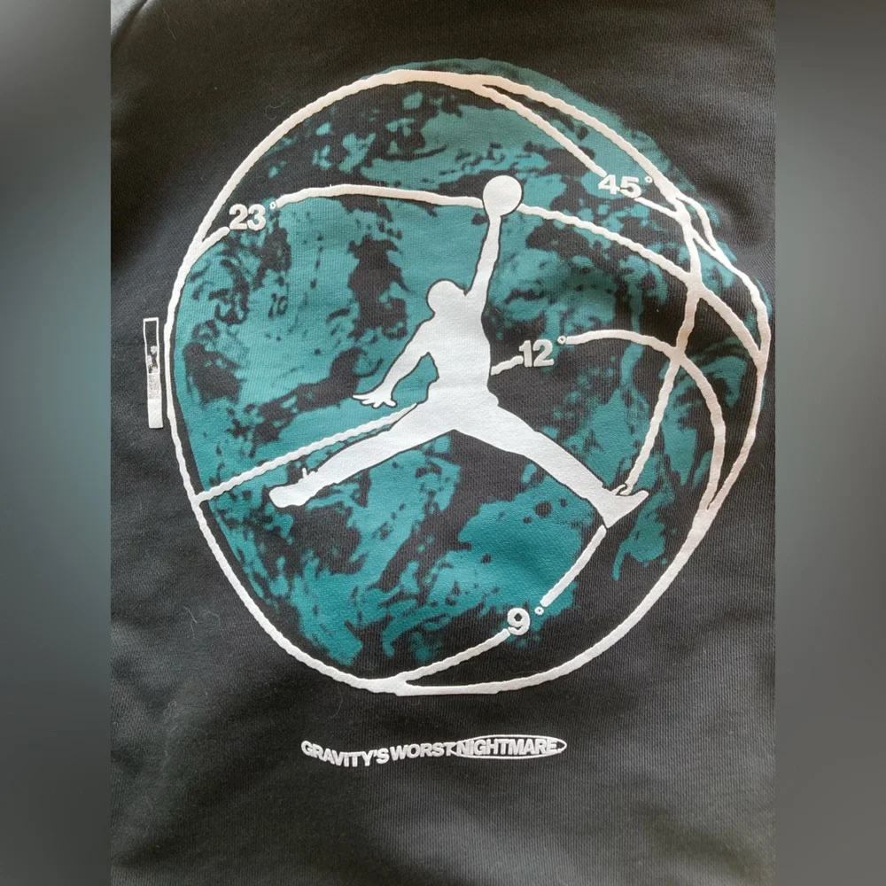 Jordan Men’s Black Hoodie with Teal Graphic and Front Pockets, Size Large